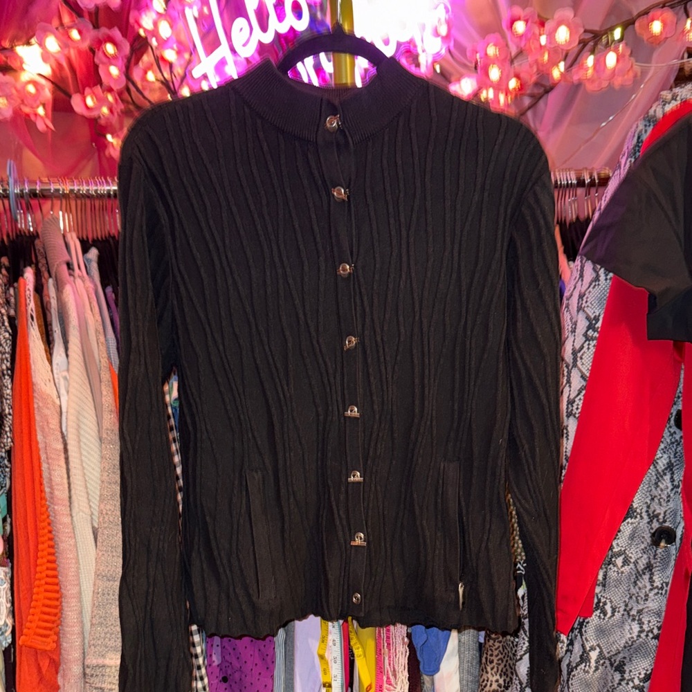jamie sadock Black Cable-Knit Button-Up Sweater
